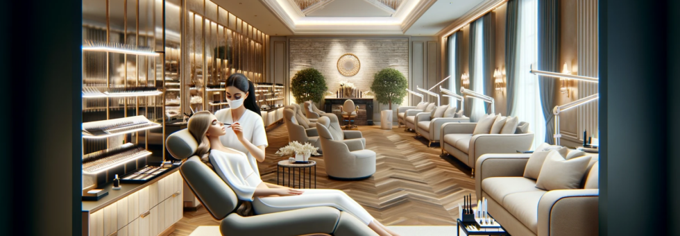 Kundin erhält professionelle Wimpernverlängerung in einem modernen Schönheitssalon